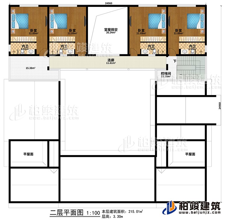 二层：堂屋挑空、4卧室、4内卫、楼梯间、连廊、2平屋面